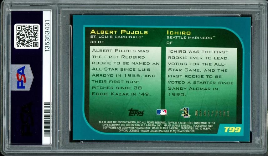 Ichiro & Albert Pujols Auto 2001 Topps Traded Gold RC T99 /2001 (PSA AUTO 10) - 2