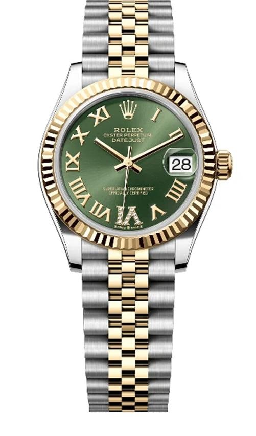 Rolex Datejust 278273 2019 Card Jubilee 18k YG Two Tone Green Dial Auto Lady 31m: Case Size 31mm Box No Papers Yes(2019) Condition ¢‚¬€ Used - Like New Full Specifications Brand Rolex Customized No Serial # 7X1xxxxx Gender Women Band Material