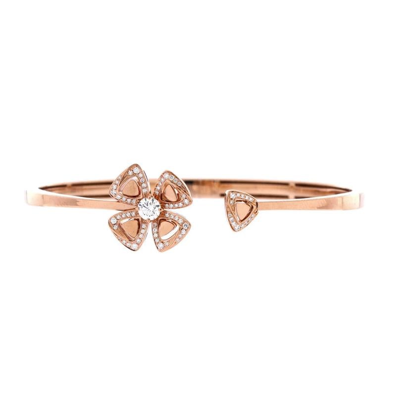 Bvlgari Fiorever Bangle Bracelet 18K Rose Gold with Pave Diamonds: Measurements: Circumference: 5.60 ", Width: 3.90 mm . Condition: Pre-owned - Good,Brand: Bvlgari,Main Stone: Unknown,Metal: 18K Rose Gold,Metal Purity: 18K,Style: Bangle,Type: Bracelet,Color: Rose