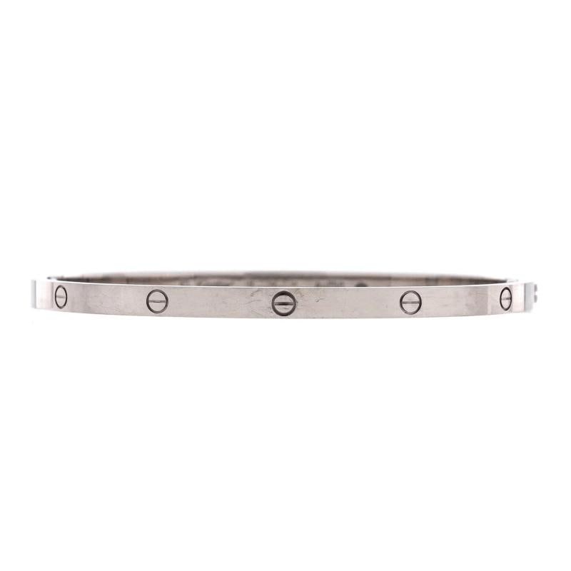 Cartier Love Bracelet 18K White Gold Small: Measurements: Circumference: 6.60 ", Width: 3.65 mm . Condition: Pre-owned - Good,Brand: Cartier,Main Stone: Unknown,Metal: 18K White Gold,Metal Purity: 18K,Style: Bracelet,Type: Bracelet,Color: