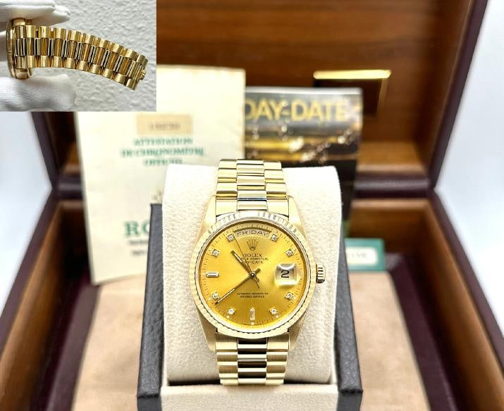 Rolex Day Date President 18238 Diamond Dial Double Quickset 18K Gold Box Papers: Style Number: 18238 Serial: S374*** Year: 1994 Model: Rolex Day-Date President Double Quickset Case Material: 18K Yellow Gold Band: 18K Yellow Gold Bezel: 18K Yellow Gold Dial: Factory Champagne Diamo