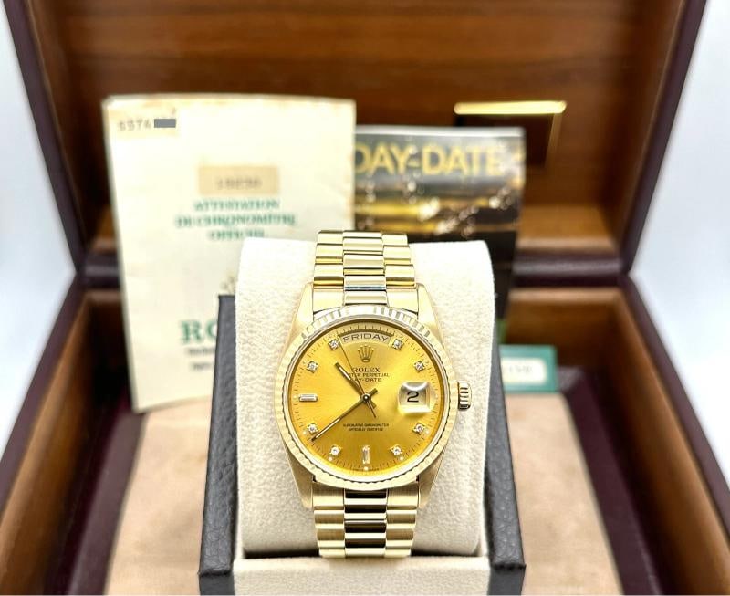 Rolex Day Date President 18238 Diamond Dial Double Quickset 18K Gold Box Papers - 2