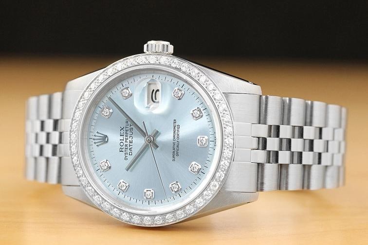 MENS ROLEX DATEJUST ICE BLUE 18K WHITE GOLD DIAMOND & STAINLESS STEEL WATCH - 2