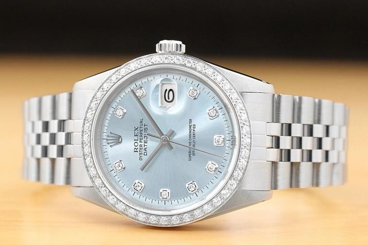 MENS ROLEX DATEJUST ICE BLUE 18K WHITE GOLD DIAMOND & STAINLESS STEEL WATCH - 3