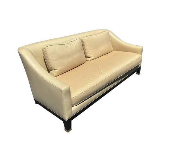 Baker Furniture Laura Kirar 'NEUE" Loveseat in Leather and Linen: Width 78.5", Depth: 40", Height: 35", SH 18", AH 22", INW: 68", INW: 23" . Condition: Used,Brand: Baker,Type: Lounge Chair,Fill Material: Leather,Item Height: 35,Color: Beige,Model: NEUE,Frame