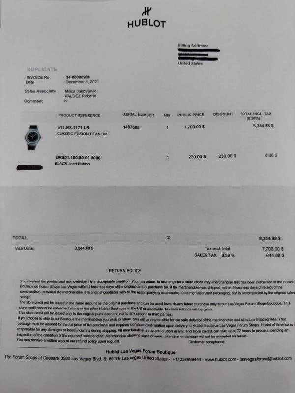 Hublot Classic Fusion 511.NX.1171.LR 45mm Black Dial Titanium Box Receipt - 2