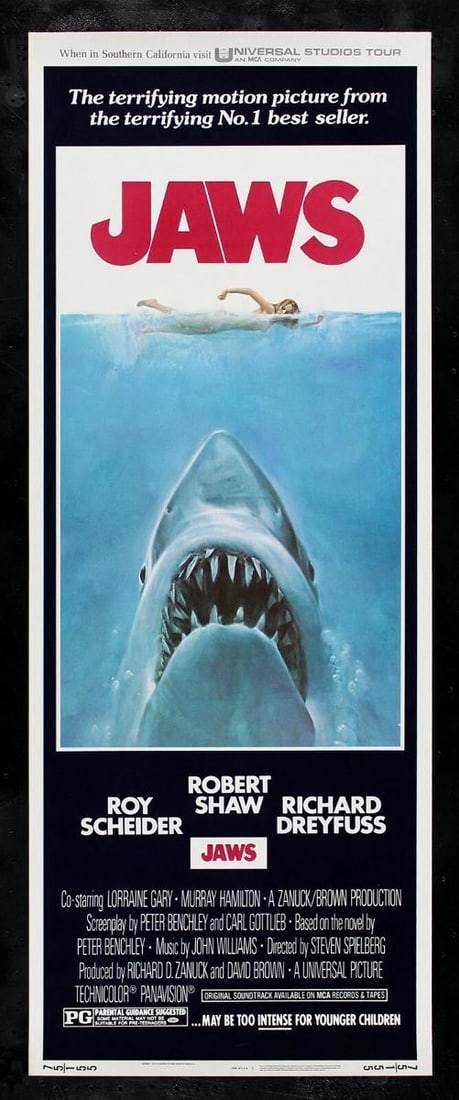 JAWS VINTAGE ORIGINAL 14"x36" MOVIE POSTER RARE 1975: Industry: Movies,Object Type: Poster,Original/Reproduction: Original,Country of Origin: United States 