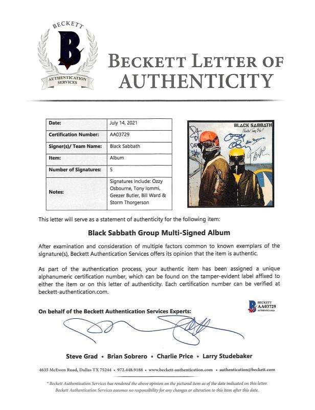 Black Sabbath: (5) Osbourne, Iommi, Butler +2 Signed & Framed Album Cover (BECKETT LOA) - 7