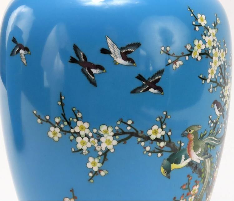 Lovely Pair Japanese Meiji Blue Cloisonne Phoenix Magpie Birds Prunus Tree Vases - 5
