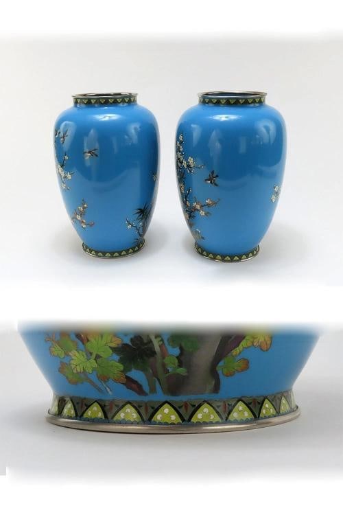 Lovely Pair Japanese Meiji Blue Cloisonne Phoenix Magpie Birds Prunus Tree Vases - 6
