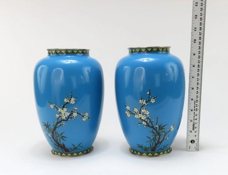 Lovely Pair Japanese Meiji Blue Cloisonne Phoenix Magpie Birds Prunus Tree Vases - 8