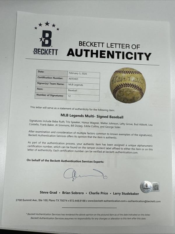 Babe Ruth, Honus Wagner, Abbott & Costello Signed Baseball Beckett COA - 5