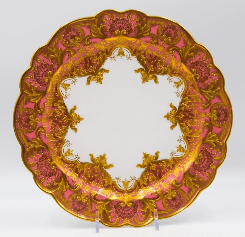13 Royal Worcester Heavy Raised Paste Gold & Pink Dessert Plates Made for Shreve: Measures 9 3/4" diameter by 7/8" deep. . Condition: Used,Brand: Royal Worcester,Type: Dessert Plate,Color: Pink,Material: Porcelain,Country of Origin: United Kingdom