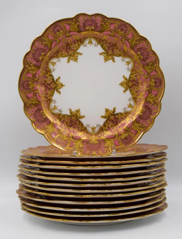 13 Royal Worcester Heavy Raised Paste Gold & Pink Dessert Plates Made for Shreve - 2