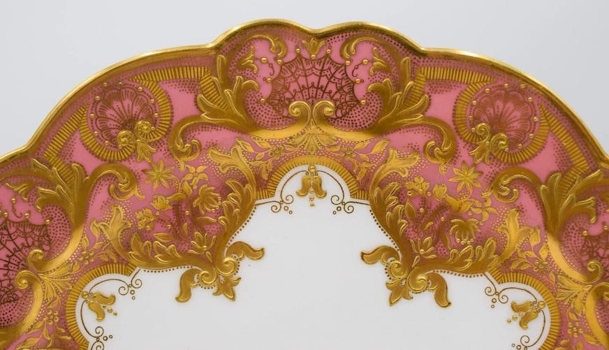 13 Royal Worcester Heavy Raised Paste Gold & Pink Dessert Plates Made for Shreve - 3