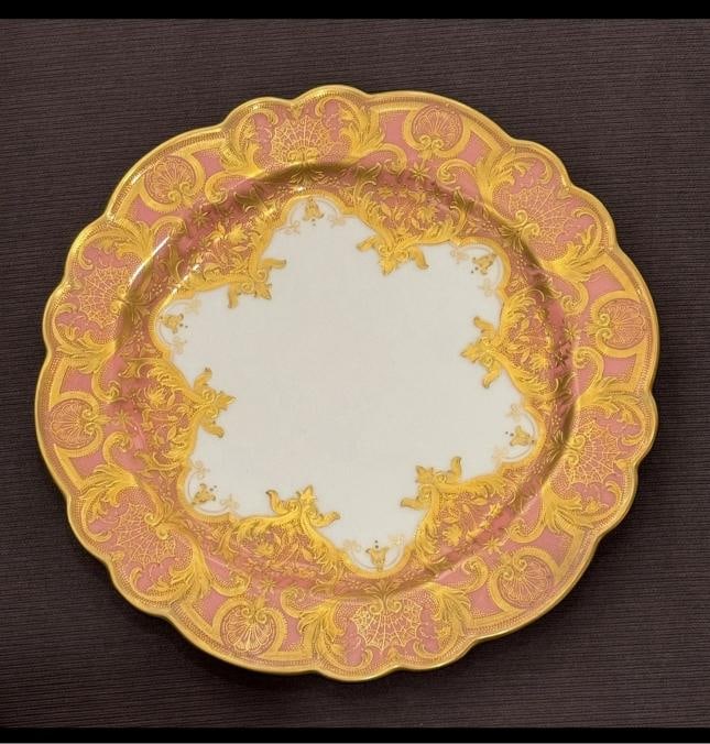 13 Royal Worcester Heavy Raised Paste Gold & Pink Dessert Plates Made for Shreve - 6