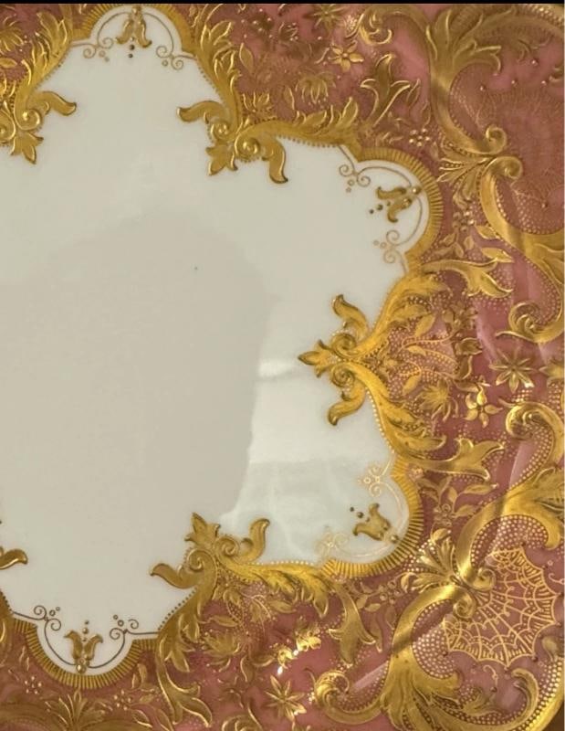 13 Royal Worcester Heavy Raised Paste Gold & Pink Dessert Plates Made for Shreve - 7
