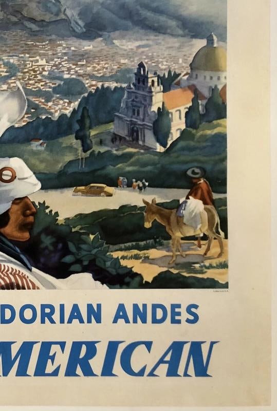 Original Vintage Poster PAN AMERICAN QUITO Pan Am Ecuador Airline Travel LINEN - 5