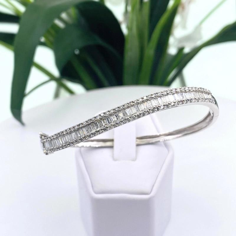 Round and Baguette Diamonds Bracelet Bangle 14K White Gold - 2