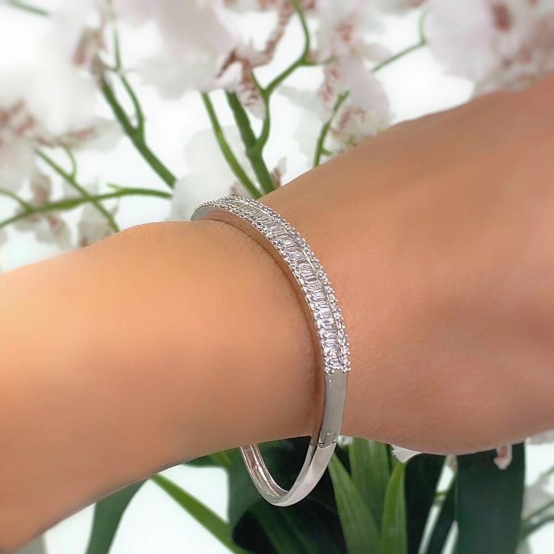 Round and Baguette Diamonds Bracelet Bangle 14K White Gold - 3