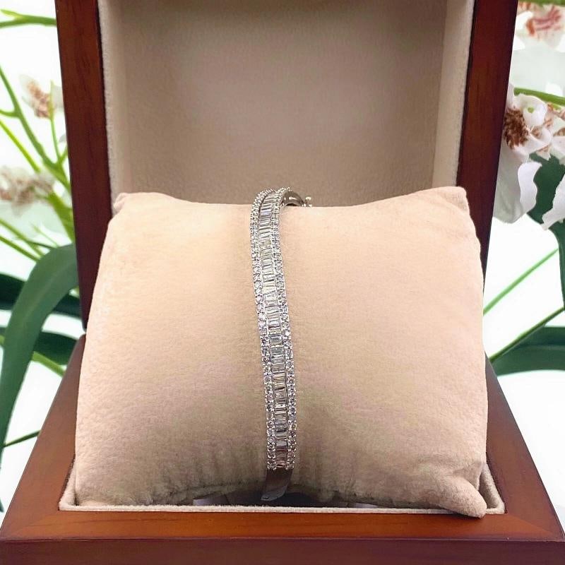 Round and Baguette Diamonds Bracelet Bangle 14K White Gold - 4
