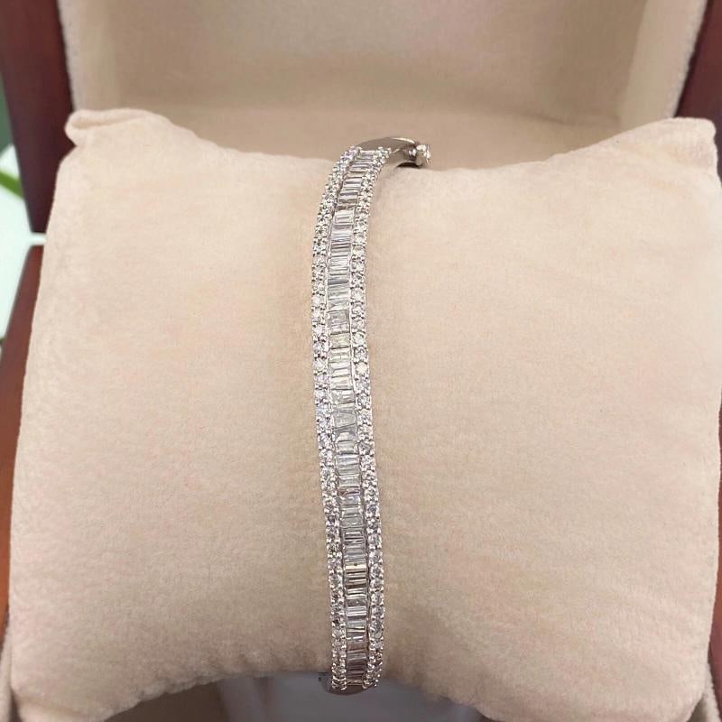 Round and Baguette Diamonds Bracelet Bangle 14K White Gold - 5