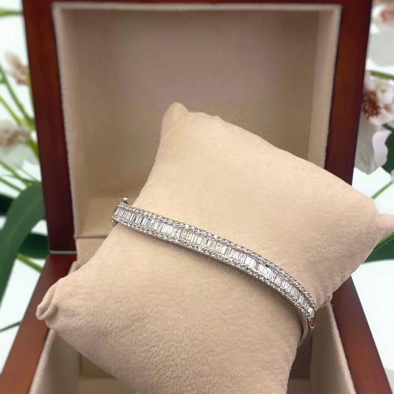 Round and Baguette Diamonds Bracelet Bangle 14K White Gold - 6