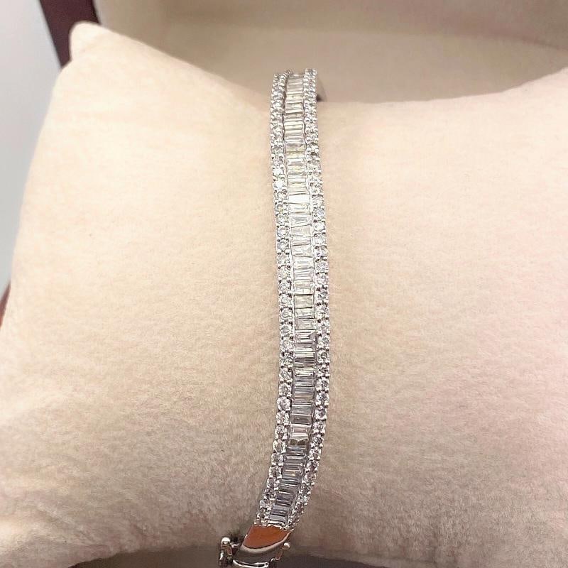 Round and Baguette Diamonds Bracelet Bangle 14K White Gold - 7