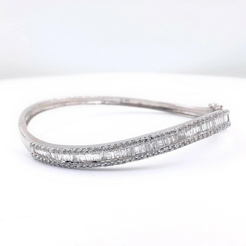 Round and Baguette Diamonds Bracelet Bangle 14K White Gold - 8