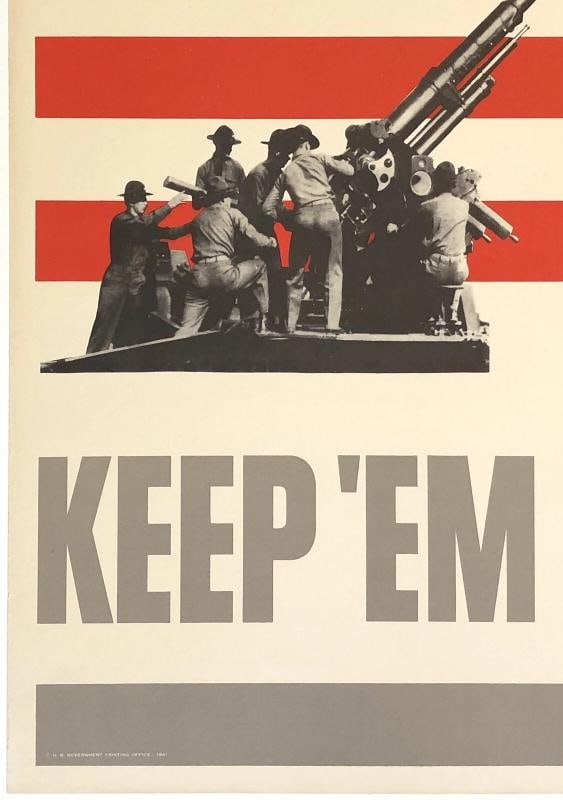 Original Vintage Poster KEEP 'EM ROLLING! WWII USA Anti Aircraft Gun War LINEN - 4
