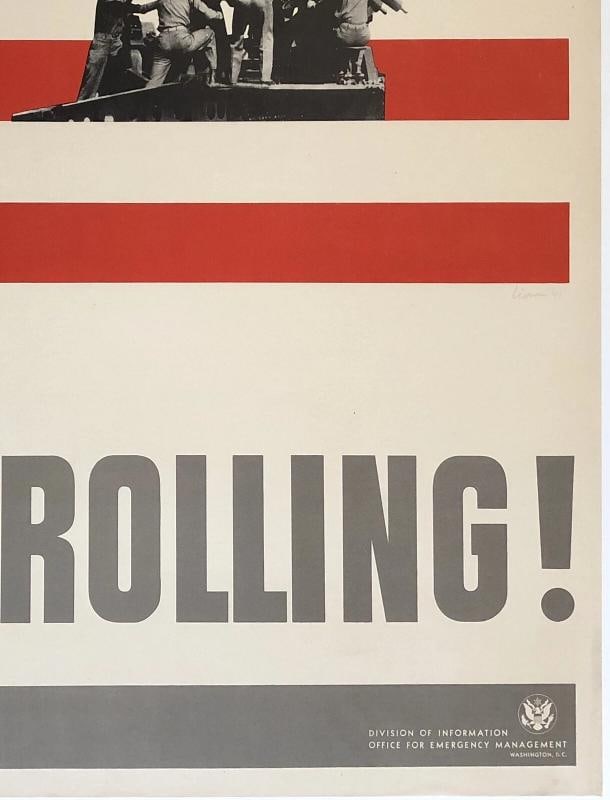 Original Vintage Poster KEEP 'EM ROLLING! WWII USA Anti Aircraft Gun War LINEN - 5