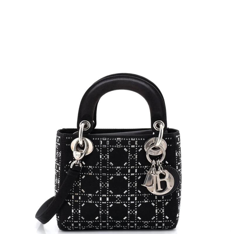 Christian Dior Lady Dior Bag Crystal Embellished Cannage Quilt Satin Mini: Measurements: Handle Drop 4", Height 5.9", Width 6.5", Depth 3", Strap Drop 21-23" . Condition: Pre-owned - Excellent,Brand: Christian Dior,Exterior Material: Satin, Crystal,Style: Top