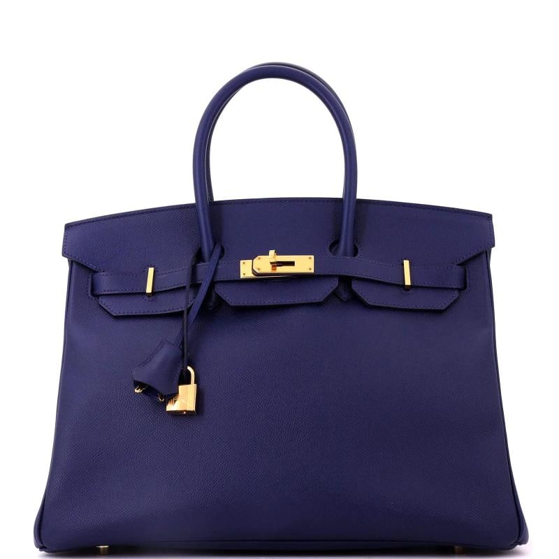 Hermes Birkin Handbag Blue Epsom with Gold Hardware 35: Accessories: Lock, Keys, Clochette, Box, Dust Bag Measurements: Height 10", Width 13.5", Depth 7". Condition: Pre-owned - Good,Brand: Hermes,Exterior Material: Leather,Style: Totes,Exterior Color: