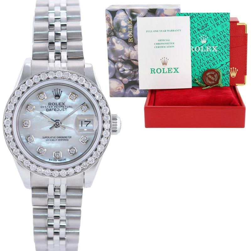 PAPERS PEARL DIAMOND Ladies Rolex DateJust 26mm MOP Bezel 79240 Steel Jubilee: Brand Rolex (Guaranteed Authentic) Model DateJust Reference Number 79240 Serial Number P Gender Women's Metal Stainless Steel Case Size 26.00mm Wrist Size This watch will currently comfortably fit