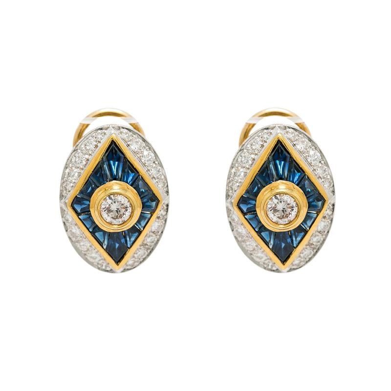 18K Two Tone Yellow Gold Sapphire 1.75 Ct Diamond Earrings 10.6 Grams