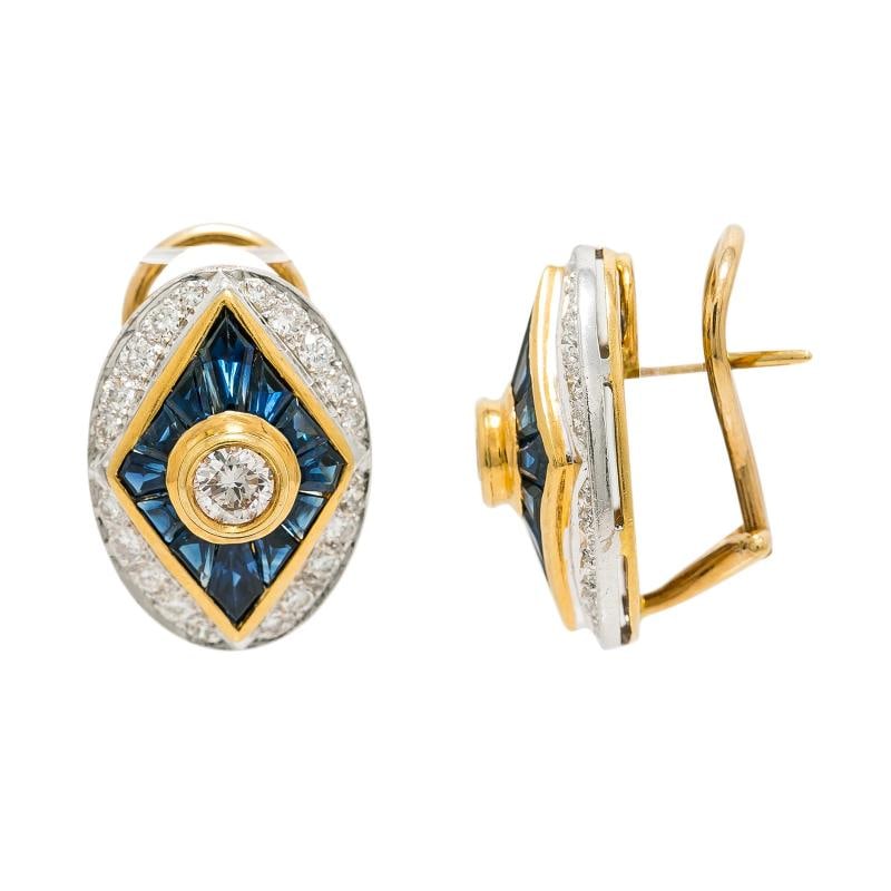 18K Two Tone Yellow Gold Sapphire 1.75 Ct Diamond Earrings 10.6 Grams - 2