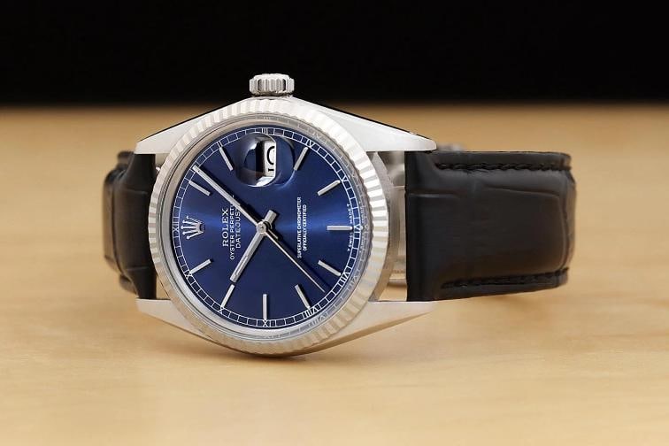 ROLEX MENS DATEJUST 16014 18K GOLD STEEL BLUE DIAL BLACK LEATHER BAND WATCH - 2