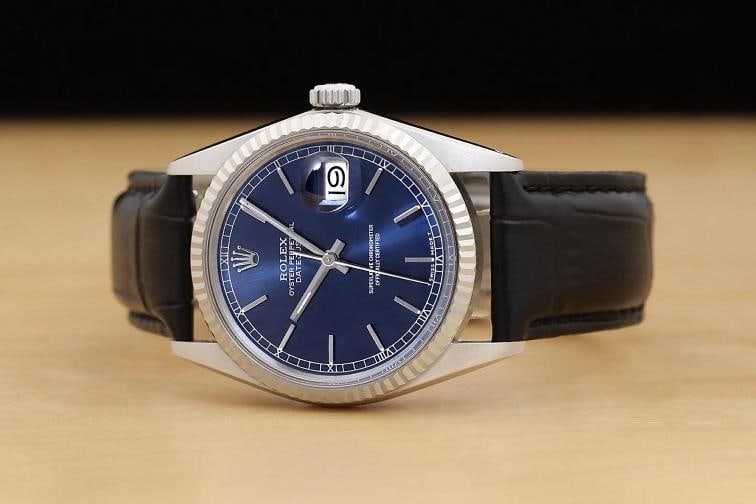 ROLEX MENS DATEJUST 16014 18K GOLD STEEL BLUE DIAL BLACK LEATHER BAND WATCH - 3