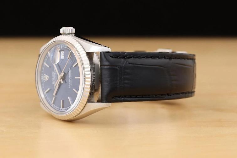 ROLEX MENS DATEJUST 16014 18K GOLD STEEL BLUE DIAL BLACK LEATHER BAND WATCH - 4