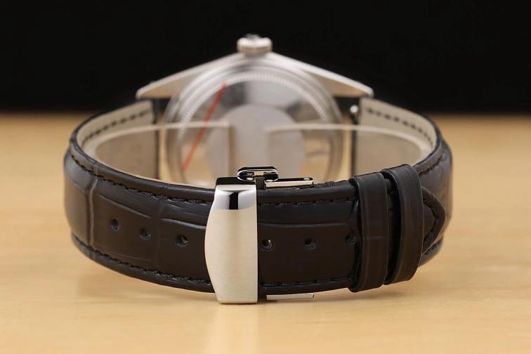 ROLEX MENS DATEJUST 16014 18K GOLD STEEL BLUE DIAL BLACK LEATHER BAND WATCH - 6