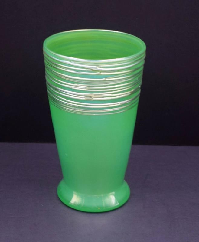 Steuben Green Jade with Aurene Threading, Large Art Glass Vase, Circa 1920 - 2
