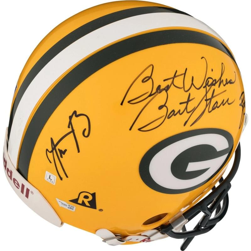 Bart Starr Brett Favre & Aaron Rodgers Signed Green Bay Packers Helmet Beckett - 4