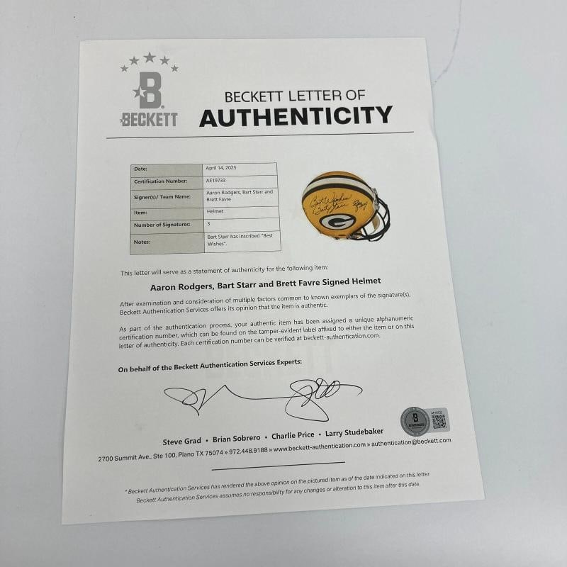 Bart Starr Brett Favre & Aaron Rodgers Signed Green Bay Packers Helmet Beckett - 5