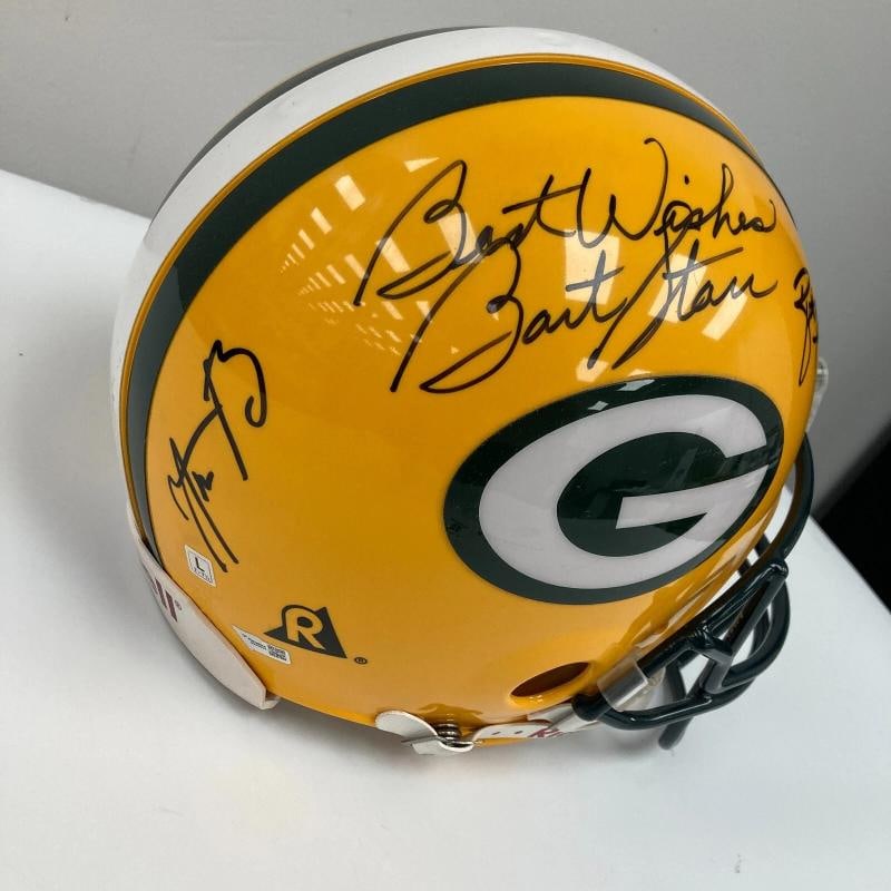 Bart Starr Brett Favre & Aaron Rodgers Signed Green Bay Packers Helmet Beckett - 6