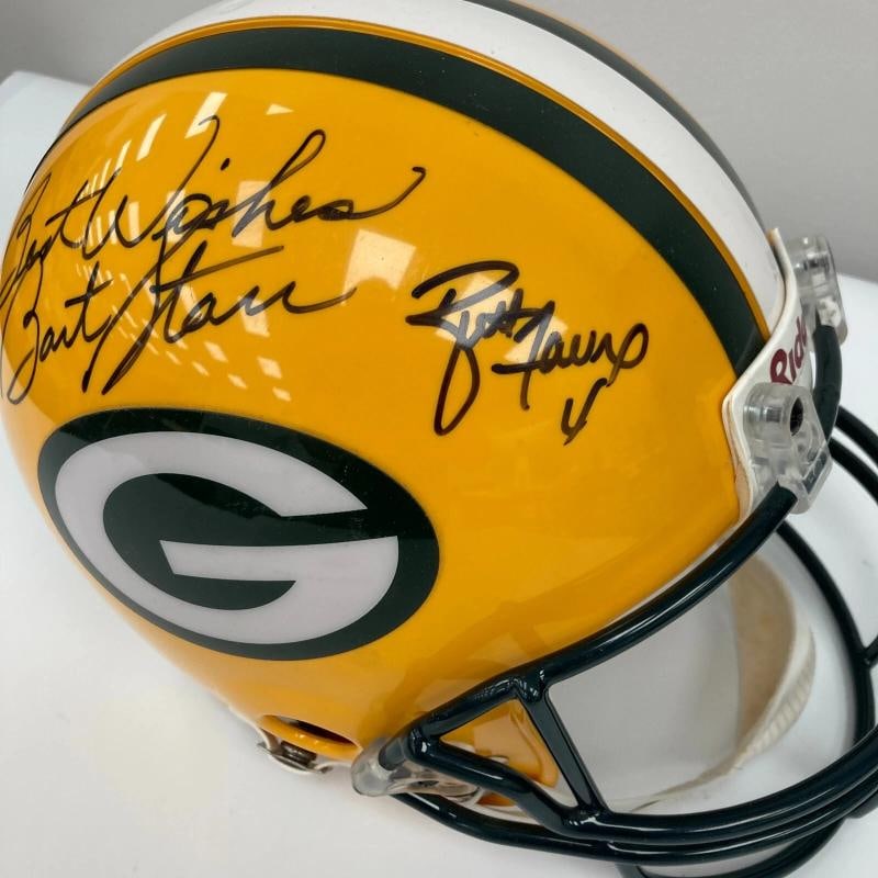 Bart Starr Brett Favre & Aaron Rodgers Signed Green Bay Packers Helmet Beckett - 7