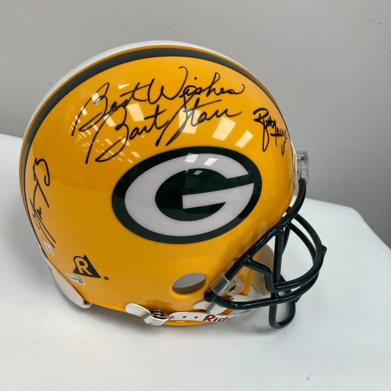 Bart Starr Brett Favre & Aaron Rodgers Signed Green Bay Packers Helmet Beckett - 8