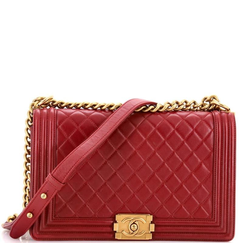 Chanel Boy Flap Bag Quilted Lambskin New Medium: Condition: Pre-owned - Good,Brand: Chanel,Exterior Material: Leather,Style: Shoulder Bags,Exterior Color: Red,Department: Women,Size: New Medium,Accessories: Authenticity Card, Dust Bag