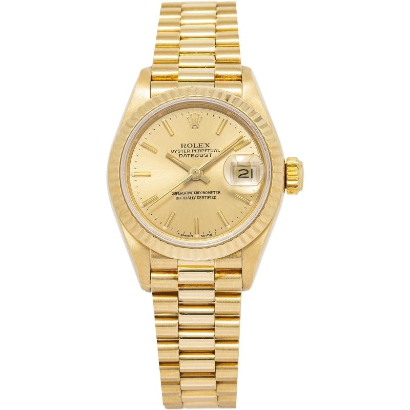 Rolex DateJust 69178 President 18K Yellow Gold Champagne Dial Auto Ladies 26mm: Case Size 26mm Wrist Fit 5.5inches Box No Papers No Condition ¢‚¬€ Used - Good Full Specifications Brand Rolex Customized No Serial # S87xxxx Gender Women Band Material 18k