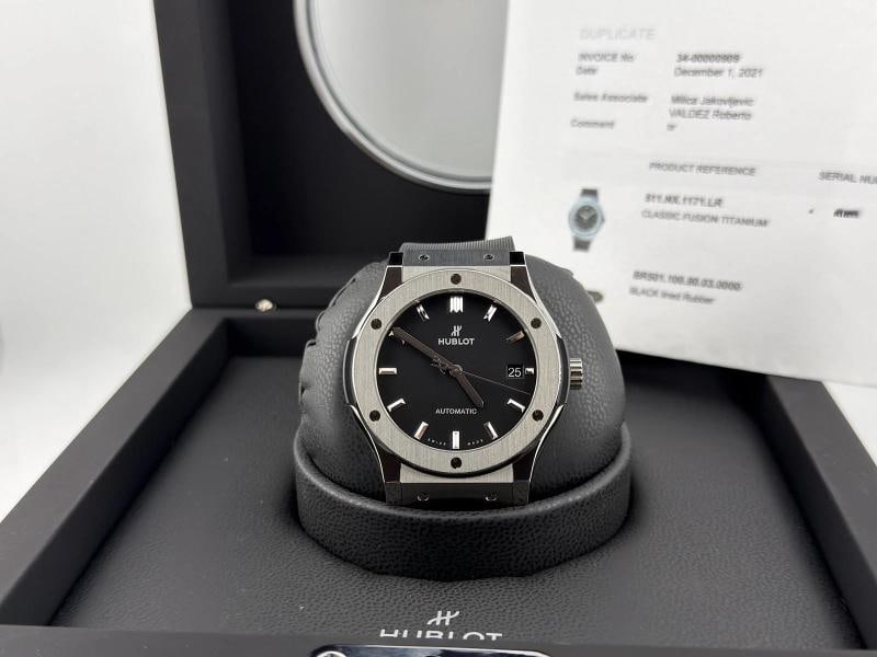 Hublot Classic Fusion 511.NX.1171.LR 45mm Black Dial Titanium Box Receipt: Condition: Pre-owned - Excellent,Bezel Color: Silver,Movement: Mechanical (Automatic),Year Manufactured: 2020-Now,Band/Strap: Two-Piece Strap,Reference Number: 511.NX.1171.LR,Brand: Hublot,Case Color: