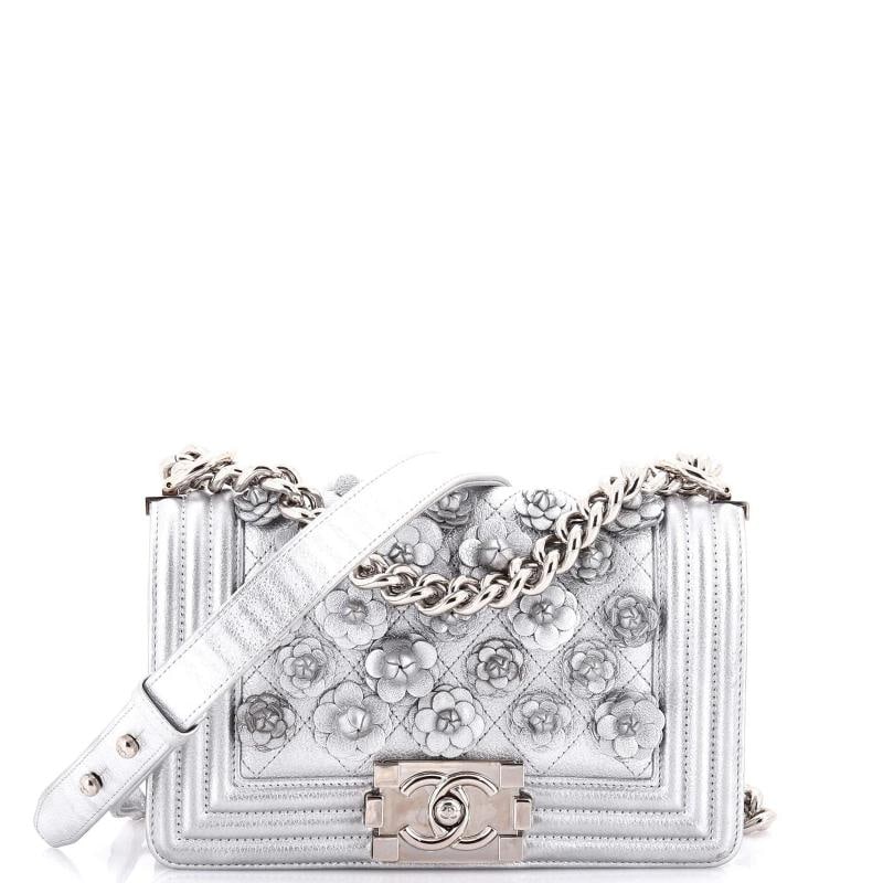 Chanel Boy Flap Bag Quilted Lambskin with Camellia Applique Small: Condition: Pre-owned - Good,Brand: Chanel,Exterior Material: Leather,Style: Shoulder Bags,Exterior Color: Silver,Department: Women,Size: Small
